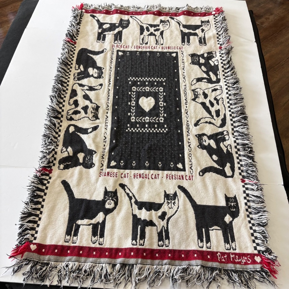 Pat Meyers 1980s Woven Cat Breeds Throw Blanket Reversible Heart Fringed 43x25
